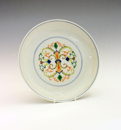 Chinese Ducai porcelain saucer dish, decorated with foliate scroll...
