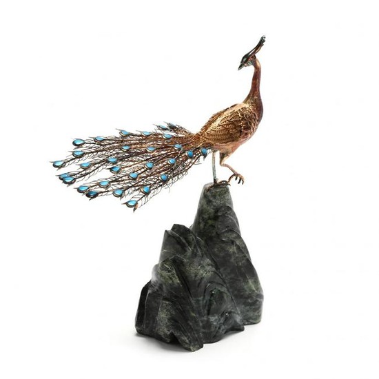 Chinese Enameled & Sterling Silver "Peking Peacock"