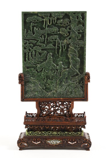 Chinese Green Jade Carved Table Screen, Qing Dynasty DEC3