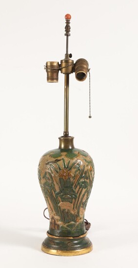 Chinese Pottery Relief Decorated Crane and Lotus Meiping Vase, Mounted as a Lamp FR3SHLM