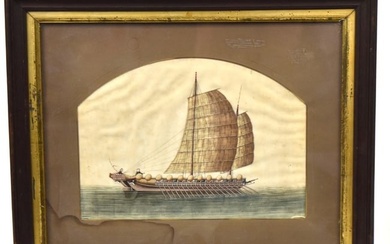 Chinese Silk Painting of Sailing Junk