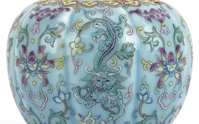 Chinese porcelain purple and turquoise ground vase hand pain...