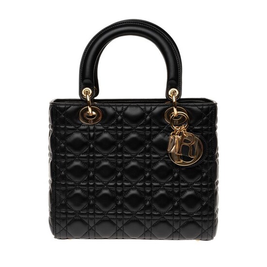 Christian Dior - Lady Dior MM en cuir cannage noir et garniture en métal doré Handbag