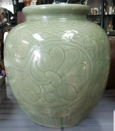 Circa 1890 Chinese Celadon-Glazed Porcelain Lotus Jar