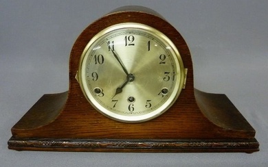 Circa 1920's Carved Oak Camel Back Clock with Quality Brass Westminster Four Bar Chime Striking