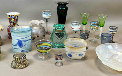 Collection of 21 glass objects, including various vases and paperweights....