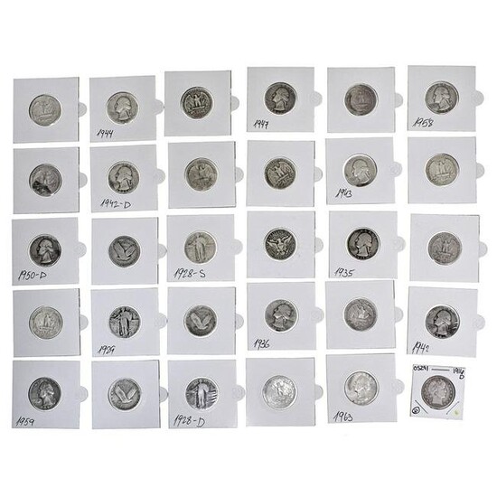 Collection of 50 Quarter US Silver Coins, 1916-1964.