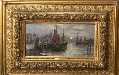 Corneau, J. (XIXe/XXe siècle), Crépuscule dans le port, huile/bois, signature à gauche et à droite,...