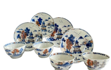 Cup and saucer (8) - Set Imari porselein, 18e-eeuw, China. Gedecoreerd met waterlandschap, vissers en pagodes. - Porcelain