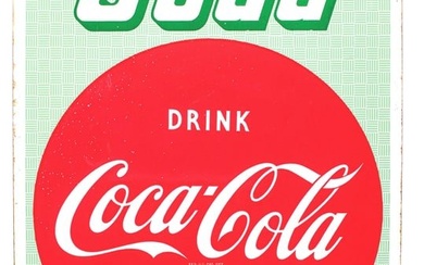 DRINK COCA-COLA / SODA / GRILL SINGLE-SIDED PORCELAIN SIGN W/ BUTTON GRAPHIC