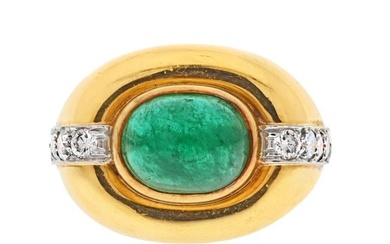 David Webb 18K Yellow Gold Cabochon Emerald Diamond Ring