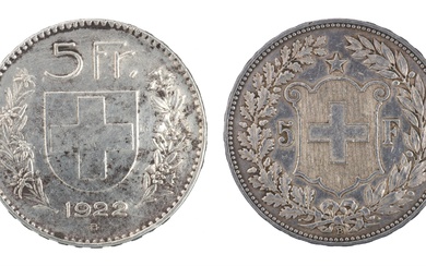 Deux pièces de 5.- francs suisses, frappe B, 1908 & 1922