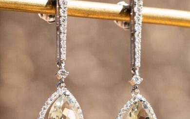 Drop Natural Green Prasiolite Diamond Earrings - 14 kt. White gold - Earrings - 5.66 ct Amethyst - 0.72 ct Diamonds E / VS