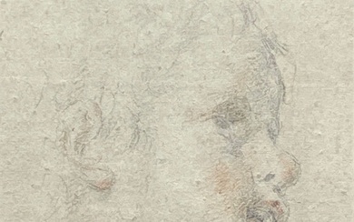ÉCOLE DE GUIDO RENI (1575-1642) Tête de putto Pierre noire et sanguine sur papier gris-bleu...