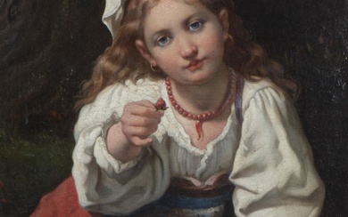 Ecole Suisse fin XIXe. 'Jeune italienne, cueilleuse de fraises', huile sur toile
