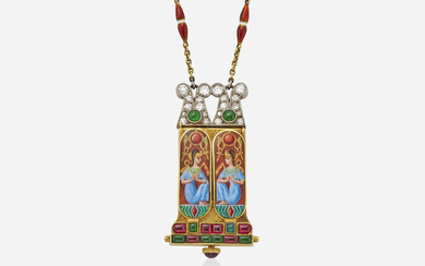Egyptian Revival Swiss enamel and gem-set watch pendant necklace