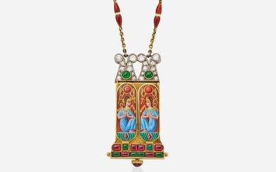 Egyptian Revival, Swiss enamel and gem-set watch pendant necklace