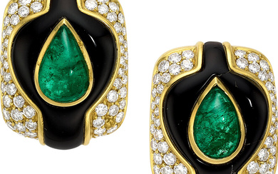 Emerald, Diamond, Black Onyx, Gold Earrings Stones: Emerald cabochons;...