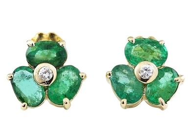 Emerald Diamond Stud Earrings 14K Yellow Gold