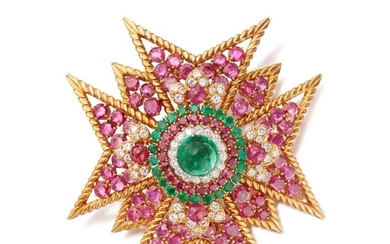 Emerald, Ruby and Diamond Clip-Brooch, David Webb