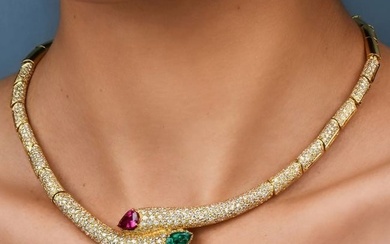 Estate Diamond Ruby Emerald Serpent Bypass Necklace