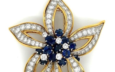 FABERGE PARIS 18K Yellow Gold Diamond & No-heat Burma Sapphire Flower Brooch