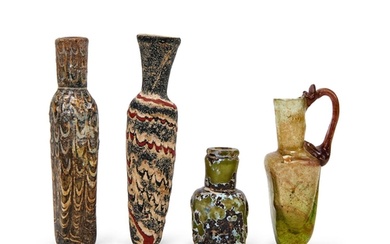 FOUR EARLY ISLAMIC GLASS BOTTLES, 8TH-0TH CENTURY PROBABL AB...