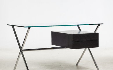 FRANCO ALBINI. Desk, “Albini Mini Desk”, designed 1928, contemporary production Knoll, chromed frame, box in lacquered oak, glass top.