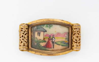 FRENCH ART DECO BROOCH WITH MINIATURE PAINTING, HAND PAINTED, GILDED, 1920S.