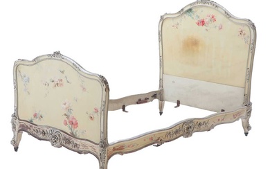 FRENCH LOUIS XV STYLE PAINTED AND CARVED 3/4 SIZE BED...