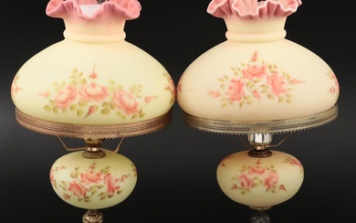 Fenton Burmese Glass Parlor Lamps with Hand-Painted Roses, Late 20th C.