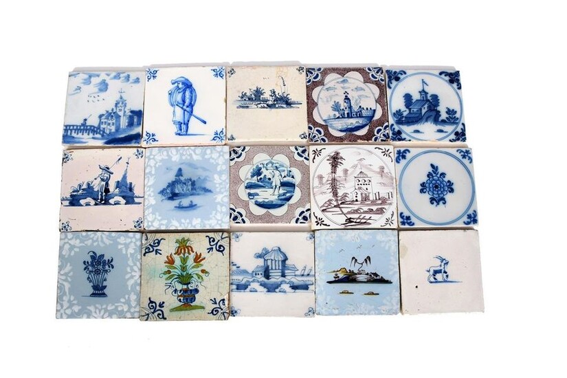 Fifteen Dutch and English Delft tiles 18th century...