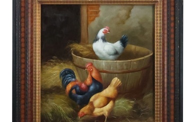 Fine 20th C. Oil Painting Barnyard Roosters, Chicken in a Barn Stable, Framed