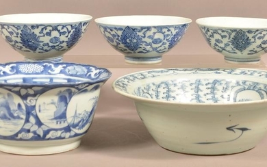 Five Antique/Vintage Blue and White Oriental Bowls.