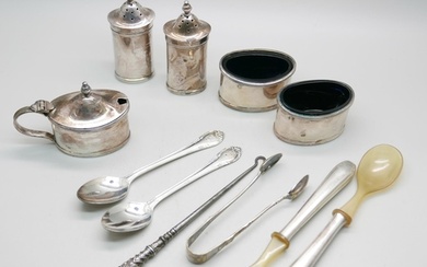 Five silver condiments, two silver spoons and two small serv...