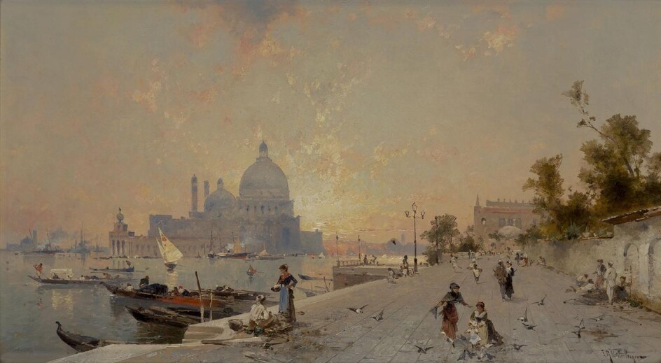 Franz Richard Unterberger, Austrian 1837-1902- Sunset at the Santa Maria della Salute, Venice; oil on panel, signed 'F R Unterberger' (lower right), further signed, titled and inscribed 'St Maria della Salute a Venise / FR. Unterberger. Bruxelles'...