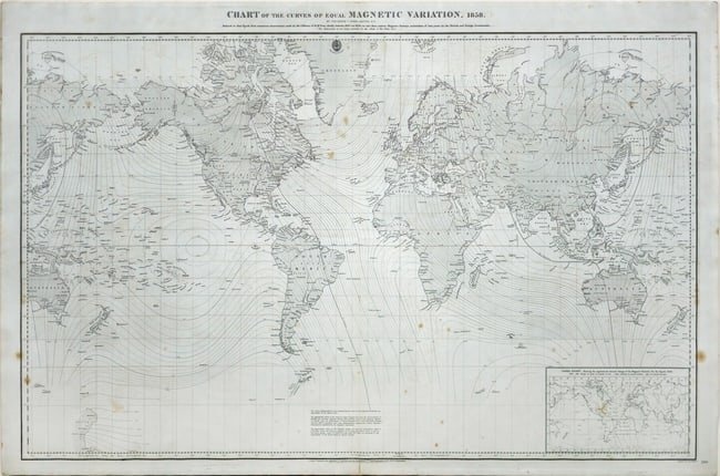 Frederick Evans World Map showing Magnetic Declinations across Earth