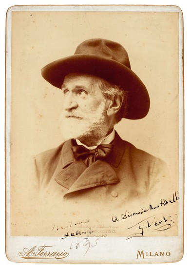 G. Verdi. Large cabinet-style photograph signed and inscribed, February 1895