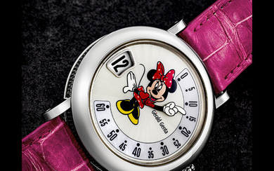 GERALD GENTA. A STAINLESS STEEL AUTOMATIC JUMP HOUR WRISTWATCH WITH RETROGRADE MINUTES AND MOTHER-OF-PEARL DIAL MINNIE MOUSE RETRO FANTASY MODEL, CIRCA 2008