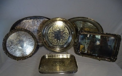 GROUP OF 7 SILVERPLATE TRAYS INC. RETICULATED AND GALLERIED, 2 X 18 X 11.5 OVAL GALLERIED