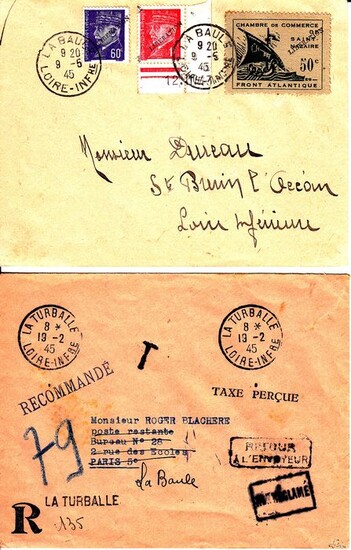 German Reich - Occupation of France (1941-1945) - St. Nazaire no. 1 LIBERATION 8.5.45 letter La Baule + 1 registered letter franked in cash from La Turballe