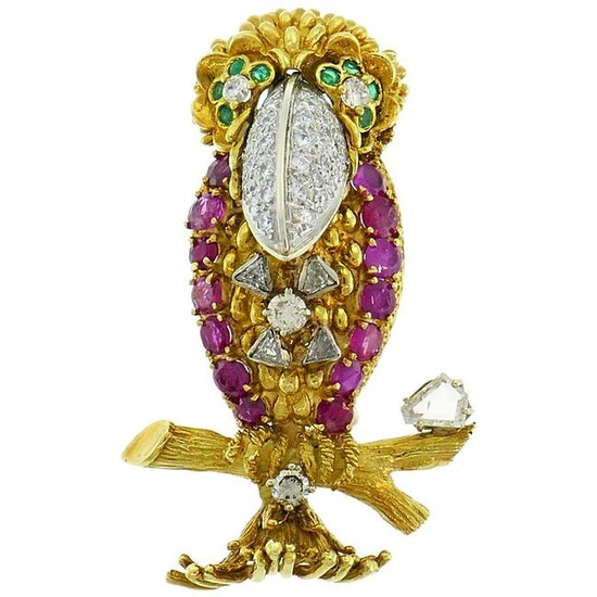 Gold Parrot Bird Brooch Pin Clip with Diamond Ruby
