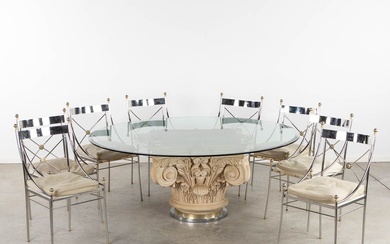 Grande table de salle à manger en résine corinthienne et 8 chaises en métal. Dans...