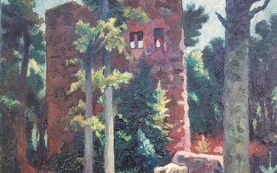 HEITZ R. (Robert, 1895-1984) "Vue d'une ruine dans la forêt" Huile sur toile Signée en...
