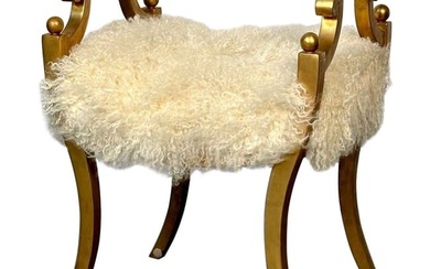 Hollywood Regency Style Giltwood Ottoman / Footstool, Sheepskin, Scandinavian