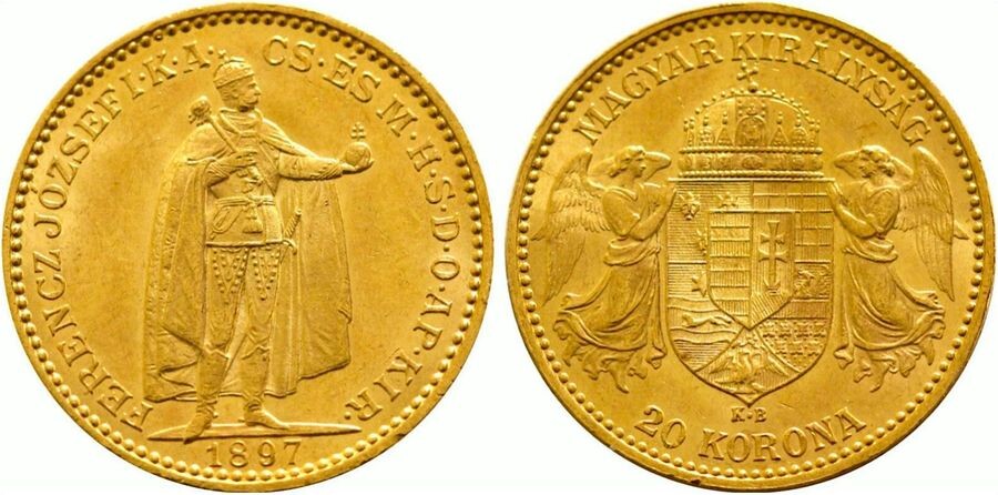 Hungary. Franz Joseph I gold 20 Korona 1897-KB, KM-486. ( 6.7gm ). Mint State.