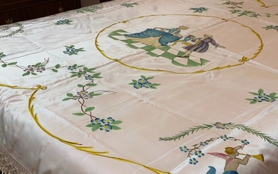 Important hand-painted Liberty bedspread - 220 x 180 cm - Silk - Mid 20th century