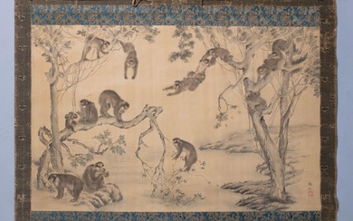 JAPANESE SCHOOL , EDO PERIOD (19TH CENTURY), HANGING SCROLL PAINTING OF MONKEYS, Ink and color on paper mounted on brocade, Painting: 27 3/4 x 43 1/2 in. (70.5 x 110.5 cm.), Length of scroll: 51 5/8 in. (131.1 cm.)