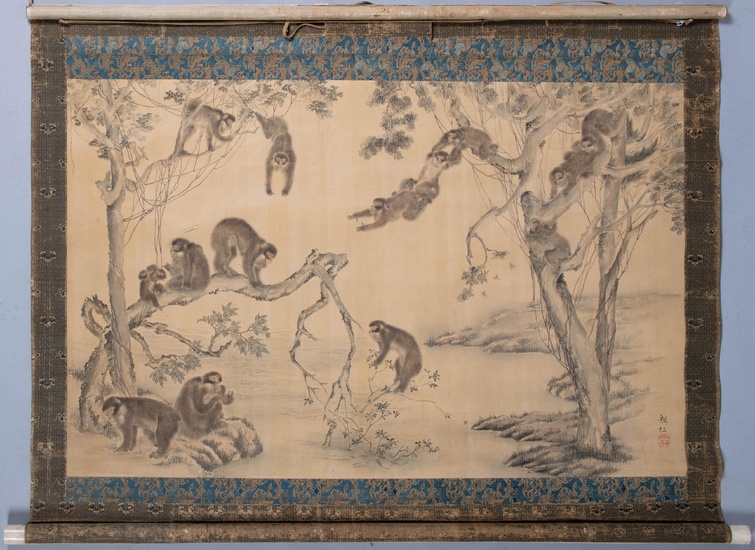 JAPANESE SCHOOL, EDO PERIOD (19TH CENTURY), HANGING SCROLL PAINTING OF MONKEYS, Ink and color on paper mounted on brocade, Painting: 27 3/4 x 43 1/2 in. (70.5 x 110.5 cm.), Length of scroll: 51 5/8 in. (131.1 cm.)