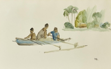 James Page-Roberts, British b.1925 - Natives in Outrigger, Madang, N. Guinea; oil on paper, signed with initials lower right 'PR¬•, 20.8 x 33.2 cm (ARR) Provenance: with The Reid Gallery, London, cs.278 (according to the label attached to the...